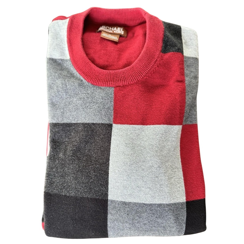 Michael Michael Kors Sweater Mens Large Check Knit Crewneck Pullover Colorblock